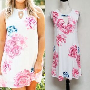 JODIFL Pink Blue Floral Sleeveless Keyhole Loose Fit Pleated Tunic Dress Medium